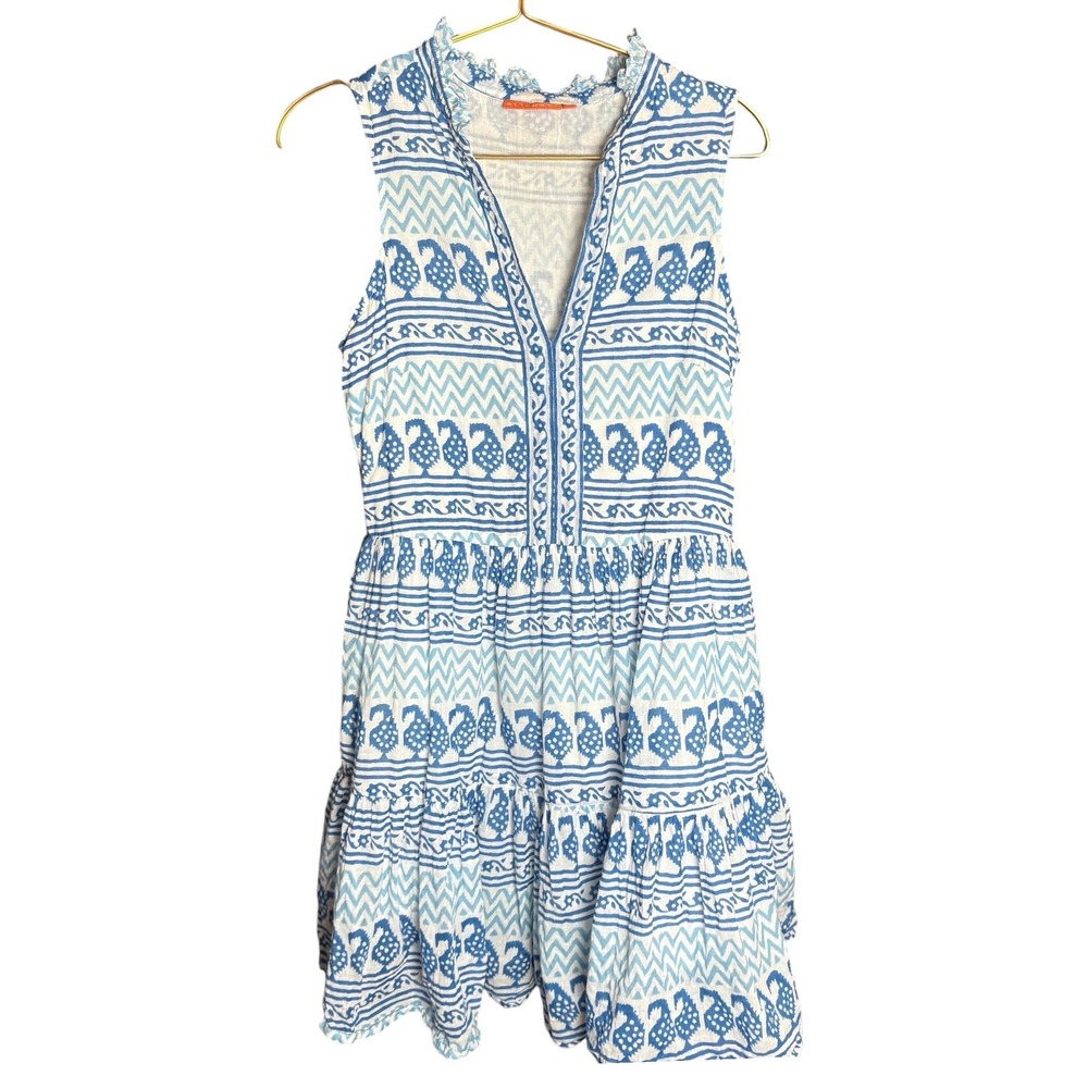Oliphant Blue White cotton Chevron Tiered Ruffle Sleeveless SunDress S